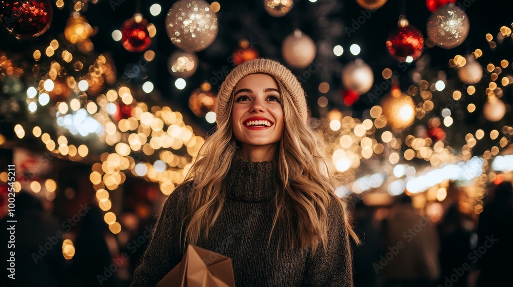 Joyful Young Woman At Festive Christmas Market, Immersed In Magic Under Sparkling Festive Lights Joyful Young Woman At Festive Christmas Market, Immersed In Magic Under Sparkling Festive Lights