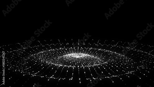 Futuristic wave. Dark cyberspace. Abstract music sound wave with dots. White moving particles on a black background. 3d rendering.