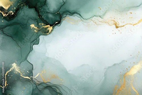 Abstract green and gold watercolor background with fluid shapes and organic lines. photo