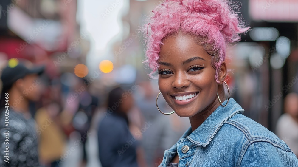 Charming young woman with pastel pink hair and a denim jacket, smiling on a bustling city street, radiating urban chic. Charming young woman with pastel pink hair and a denim jacket, smiling on a bustling city street, radiating urban chic.