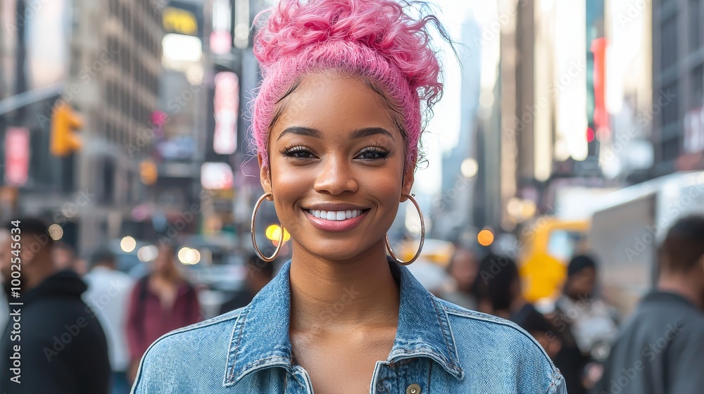 Fototapeta premium Charming young woman with pastel pink hair and a denim jacket, smiling on a bustling city street, radiating urban chic.