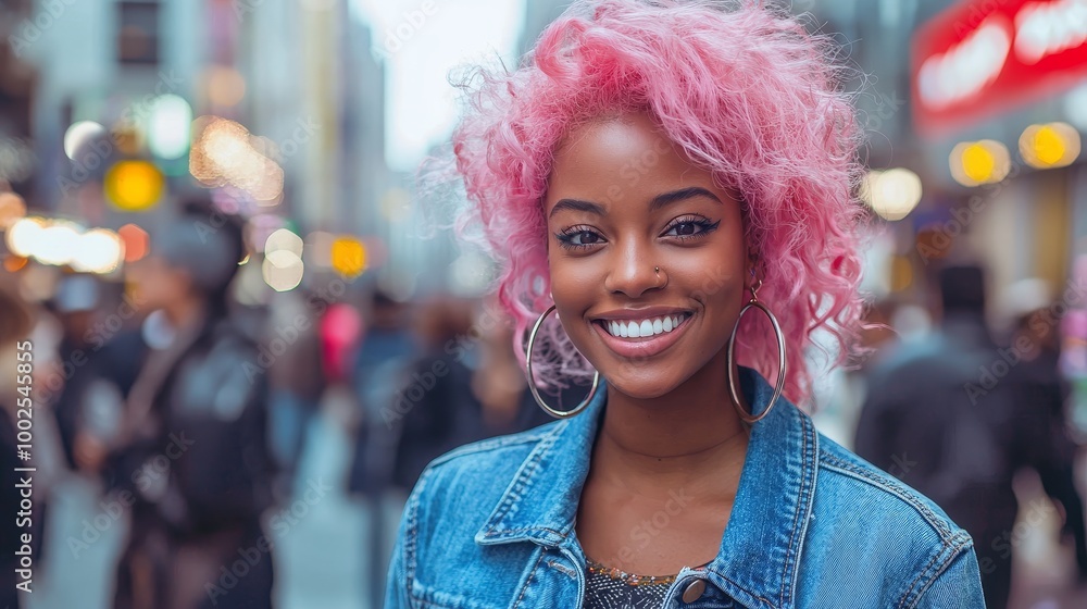 Charming young woman with pastel pink hair and a denim jacket, smiling on a bustling city street, radiating urban chic. Charming young woman with pastel pink hair and a denim jacket, smiling on a bustling city street, radiating urban chic.