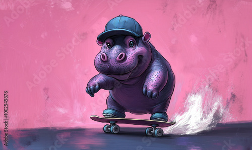 Cartoon hippo in baseball cap riding skateboard photo