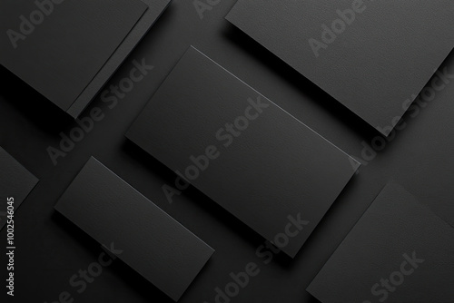  Black business cards on a black background mockup, top view. Black business card template design with blank space for a logo and text. Created with Ai