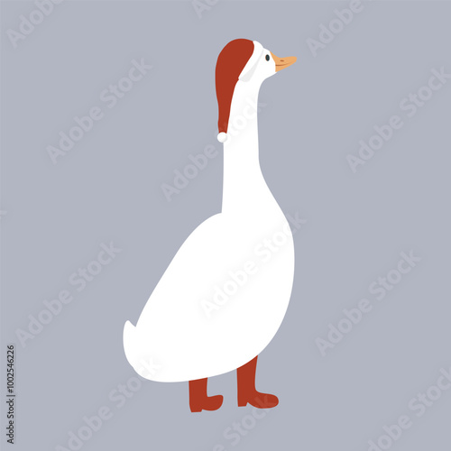 Cute funny cartoon goose in Santa Claus hat and red boots. Merry Christmas character vector illustration. Vector isolated illustration.