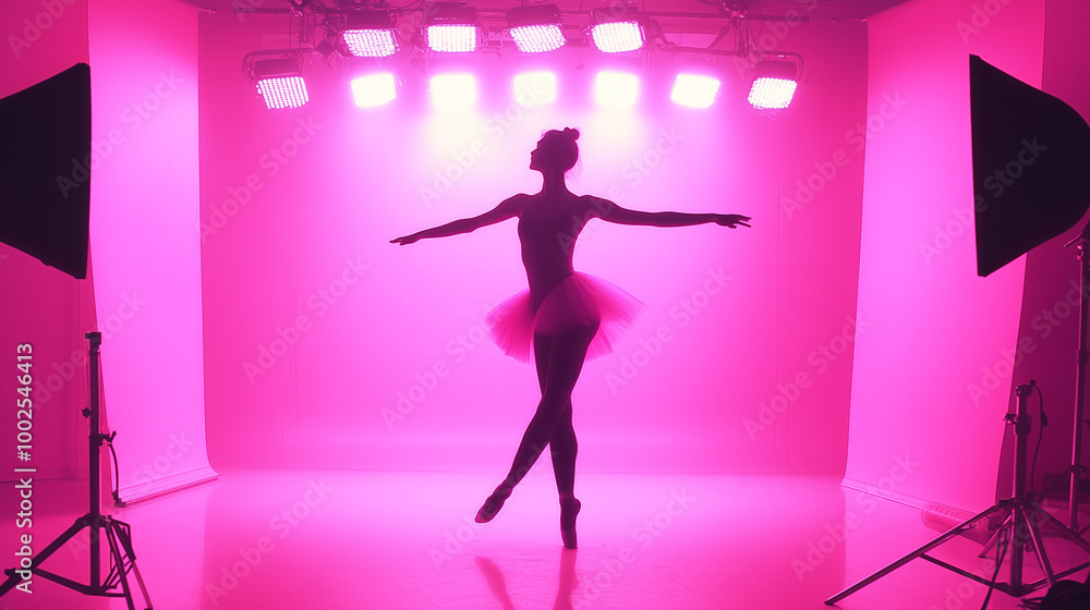 A ballerina in a pink studio stands en pointe under bright studio lights. Her silhouette is softly illuminated by pink tones, creating a graceful and delicate atmosphere A ballerina in a pink studio stands en pointe under bright studio lights. Her silhouette is softly illuminated by pink tones, creating a graceful and delicate atmosphere