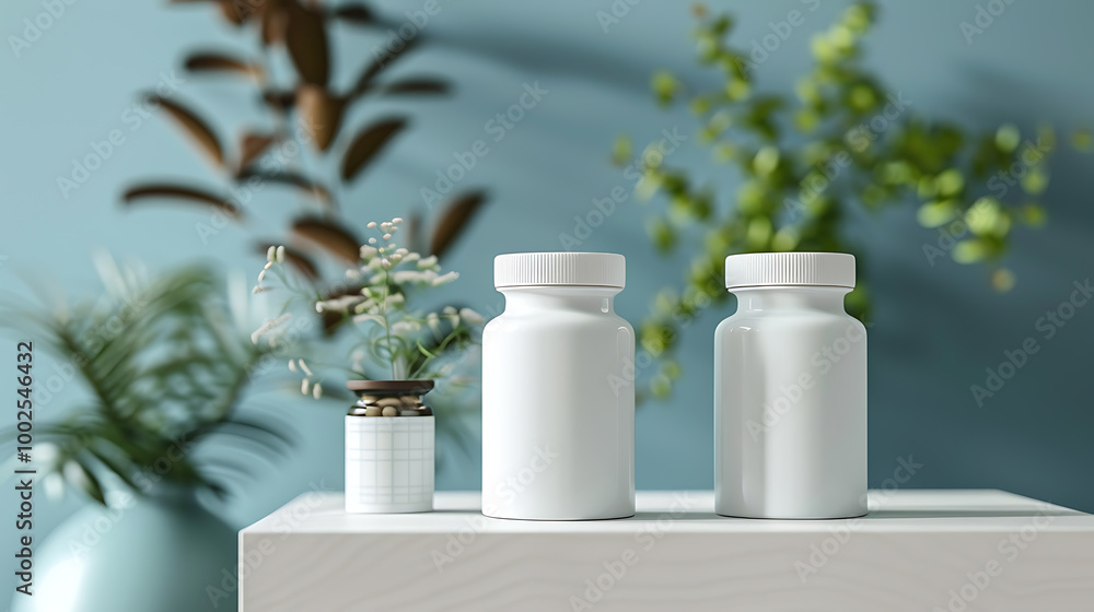 Two white pill bottles with a green plant in the background. Two white pill bottles with a green plant in the background.