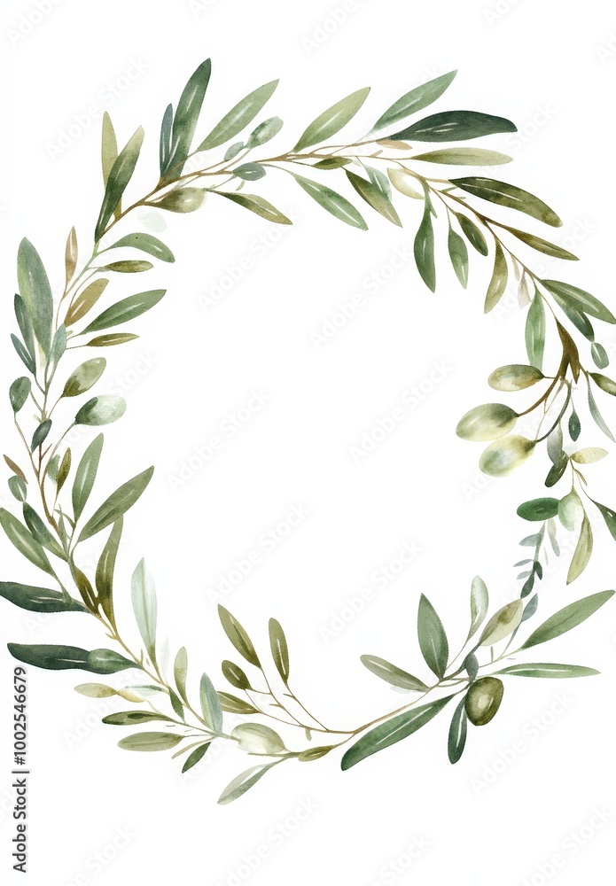 A green olive leaf wreath with a white background A green olive leaf wreath with a white background
