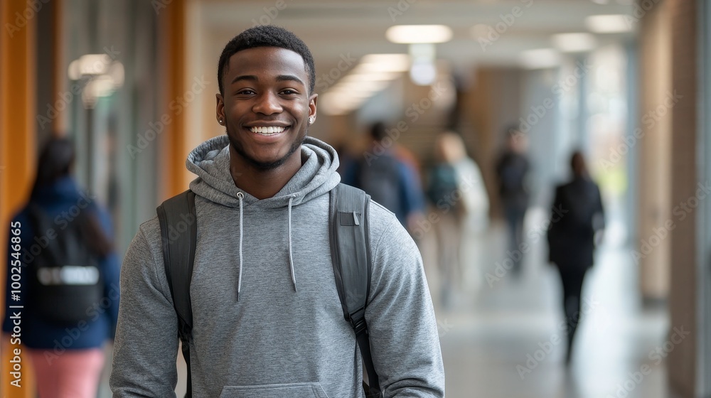 Cheerful young man with a bright smile, casually dressed in a gray hoodie, walking through a lively university hallway. Cheerful young man with a bright smile, casually dressed in a gray hoodie, walking through a lively university hallway.