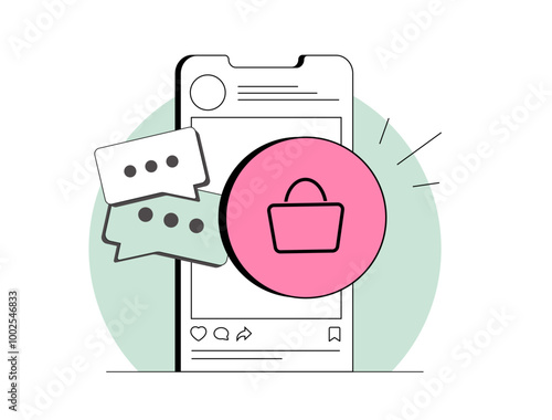 Rise of social commerce - making mobile shopping easier. People use social networks to shop online. Social media platforms are becoming convenient place for browsing and buying products illustration