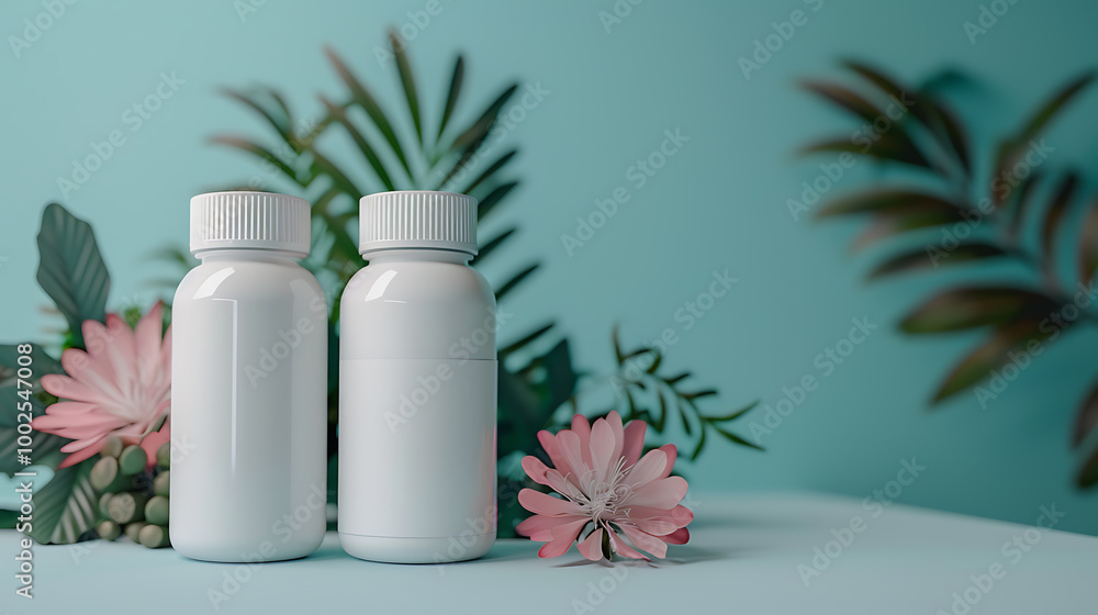 Two white supplement bottles on a blue background with pink flowers and greenery. Two white supplement bottles on a blue background with pink flowers and greenery.