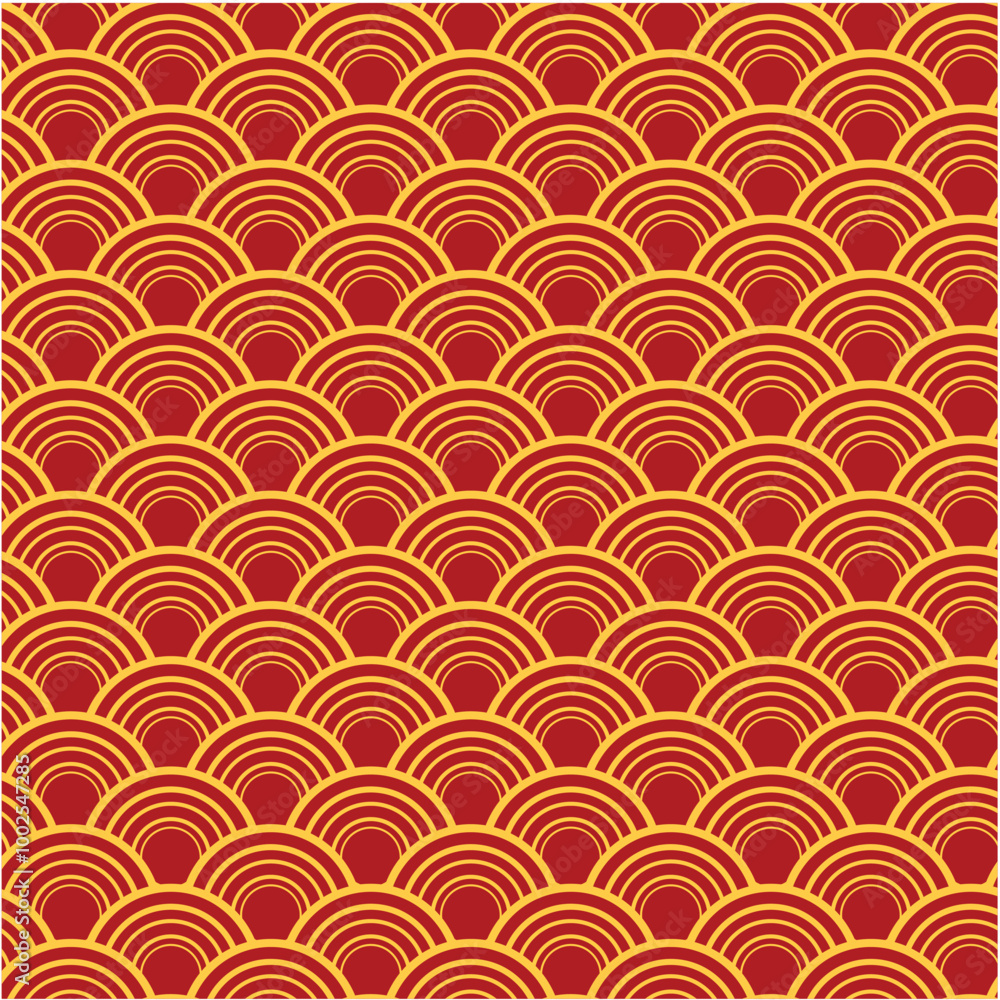 A repeating pattern of overlapping semi-circles in red and yellow, creating a vibrant, decorative design. A repeating pattern of overlapping semi-circles in red and yellow, creating a vibrant, decorative design.