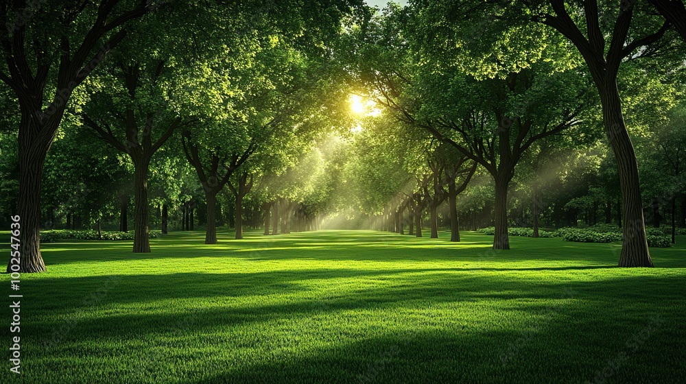 Sunlight streaming through trees in a lush green park, creating a serene and peaceful atmosphere.