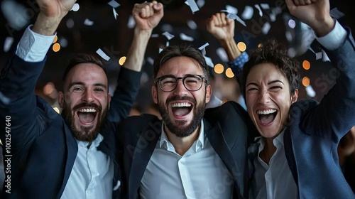 A business team celebrating a record-breaking sales year, exuding excitement and achievement photo