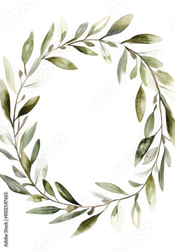 A wreath of green leaves is painted in watercolor