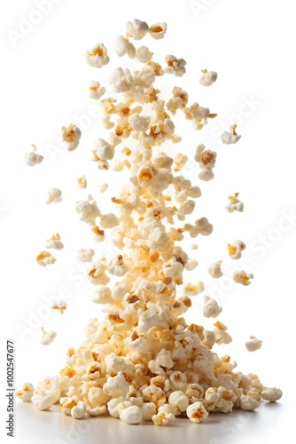 Falling popcorn, isolated on white background, selective focus