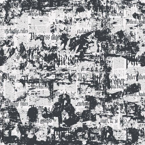 Abstract seamless pattern with scuffed collage of newspaper or magazine clippings. Vector background in grunge style with titles, illustrations and imitation of text. Wallpaper, wrapping paper, fabric