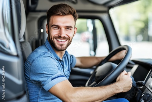 Smiling Truck Driver Sitting in His Truck, Portrait of a Professional Trucker at Work