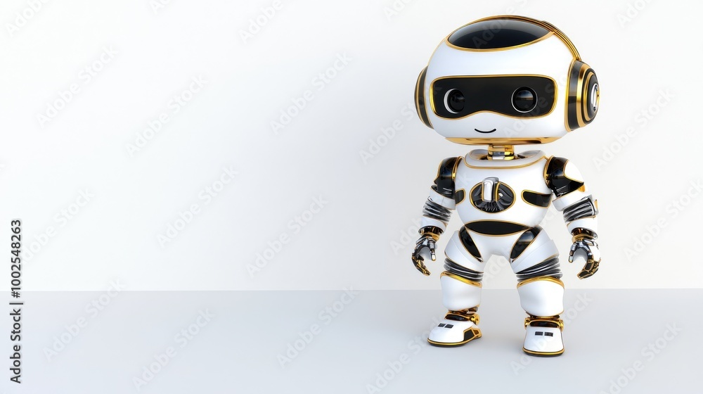 An adorable 3D-rendered robot in a standing pose with big eyes and black details against a clean white background An adorable 3D-rendered robot in a standing pose with big eyes and black details against a clean white background