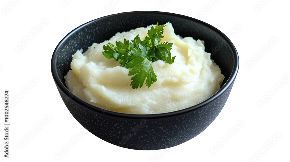 Roasted garlic mashed potatoes in bowl with parsley isolated on transparent background Roasted garlic mashed potatoes in bowl with parsley isolated on transparent background