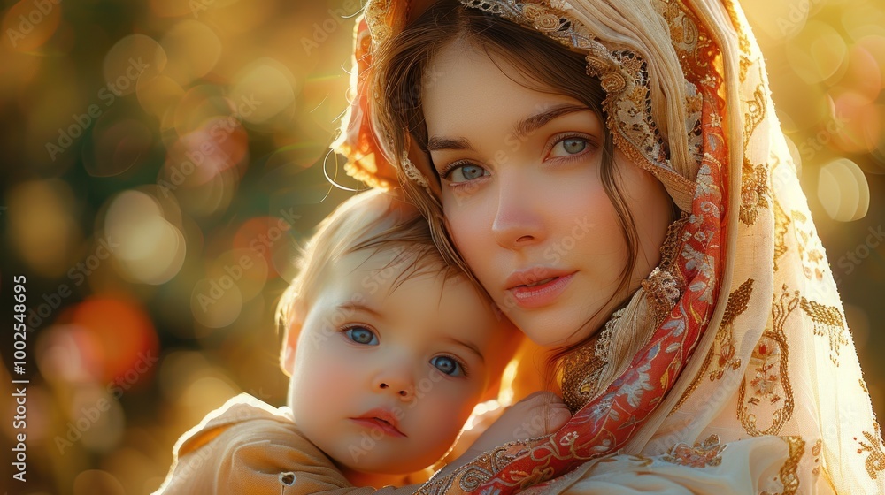 A tender moment shared between a mother and her baby in a sunlit garden full of blooming flowers. Generative AI A tender moment shared between a mother and her baby in a sunlit garden full of blooming flowers. Generative AI