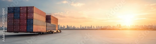 Truck with cargo containers, sunset background