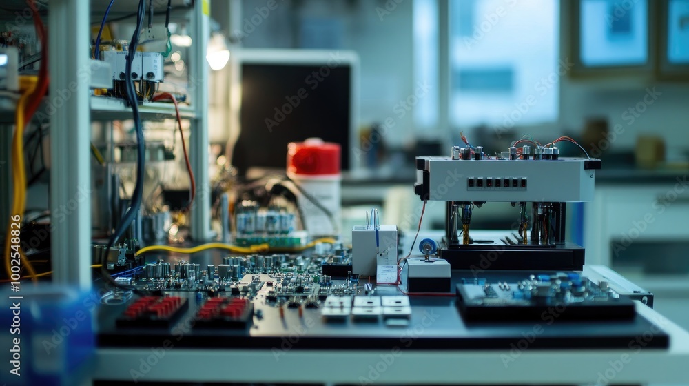 A laboratory setup with electrical components, testing equipment, and circuit analysis. A laboratory setup with electrical components, testing equipment, and circuit analysis.