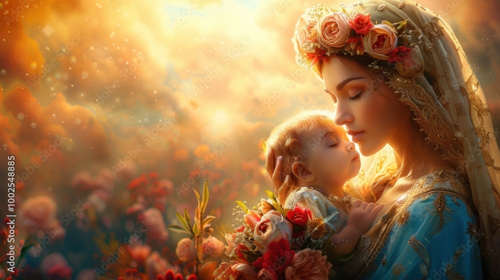A tender moment of motherhood captured in a serene landscape filled with vibrant flowers at sunset. Generative AI A tender moment of motherhood captured in a serene landscape filled with vibrant flowers at sunset. Generative AI