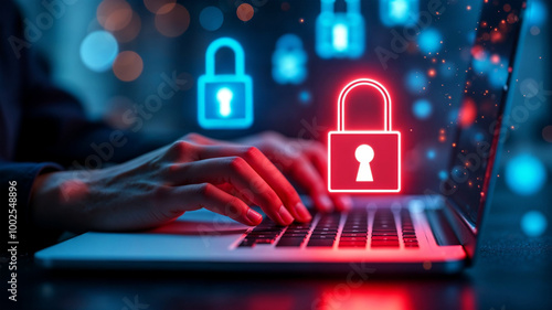 Cybersecurity Concept with Hands on Laptop and Locks