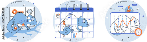 Adaptability. Blue chameleon integrated with charts, diagrams, and calendars. Ideal for business flexibility personal development time management data analysis and strategic planning. Minimalist photo