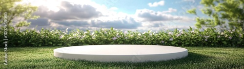 Empty platform in lush greenery under a bright blue sky with clouds, perfect for presentations or product placements.