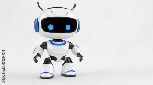 An adorable 3D-rendered robot in a standing pose with big eyes and black details against a clean white background