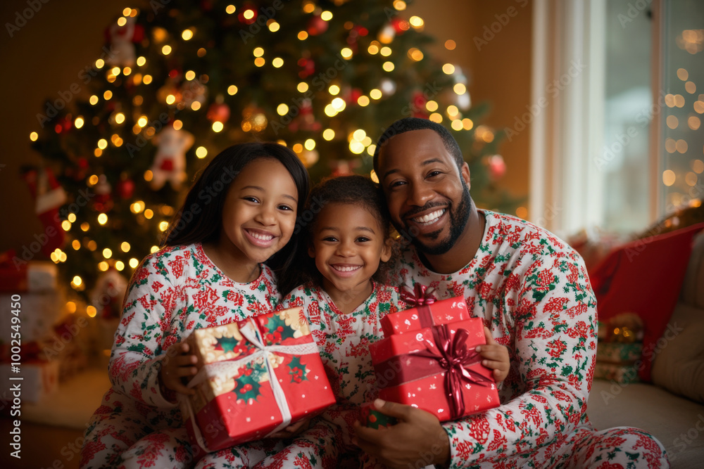 Smiling father and his two daughters wearing matching pajamas are holding christmas presents in front of a decorated christmas tree Smiling father and his two daughters wearing matching pajamas are holding christmas presents in front of a decorated christmas tree
