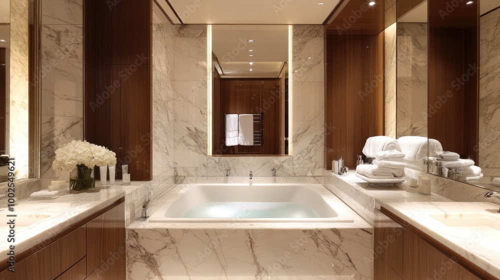 A luxurious bathroom with marble walls and a large soaking tub in the center. A luxurious bathroom with marble walls and a large soaking tub in the center.