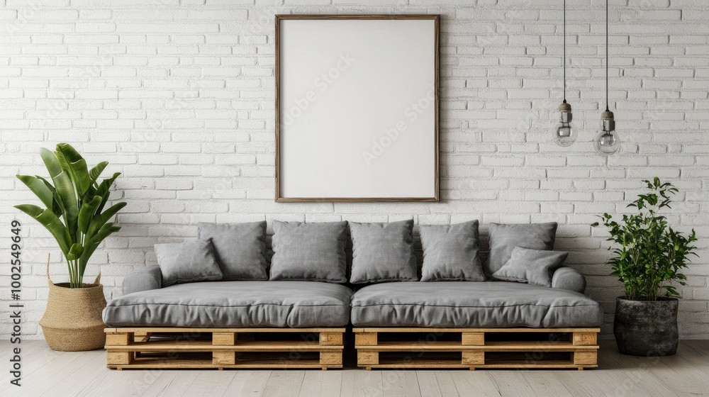 Minimalist Living Room with Pallet Sofa and Blank Canvas Minimalist Living Room with Pallet Sofa and Blank Canvas