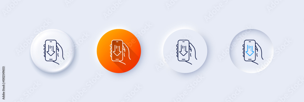 Download app line icon. Neumorphic, Orange gradient, 3d pin buttons. Hand hold phone sign. Cellphone with screen notification symbol. Line icons. Neumorphic buttons with outline signs. Vector Download app line icon. Neumorphic, Orange gradient, 3d pin buttons. Hand hold phone sign. Cellphone with screen notification symbol. Line icons. Neumorphic buttons with outline signs. Vector
