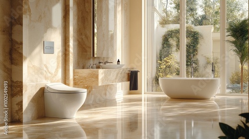 A luxurious master bathroom featuring a high-end flush toilet with bidet functionality, highlighting comfort and sophistication