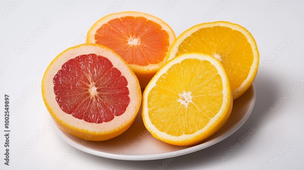 sliced orange, lemon, grapefruit citrus fruits on white plate sliced orange, lemon, grapefruit citrus fruits on white plate