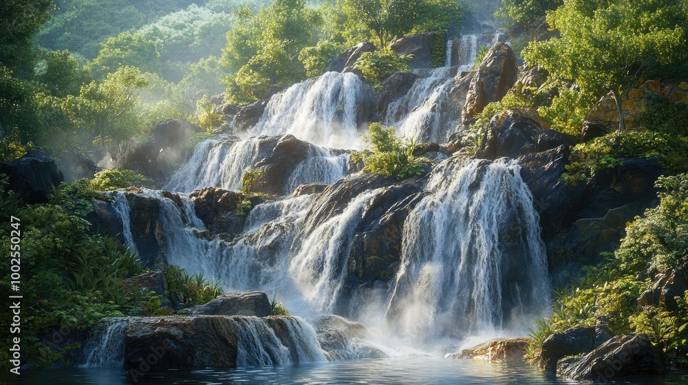A majestic waterfall cascading over jagged rocks, surrounded by lush green foliage, with mist rising in the air, creating a peaceful and awe-inspiring natural scene. A majestic waterfall cascading over jagged rocks, surrounded by lush green foliage, with mist rising in the air, creating a peaceful and awe-inspiring natural scene.