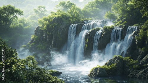 A majestic waterfall cascading over jagged rocks, surrounded by lush green foliage, with mist rising in the air, creating a peaceful and awe-inspiring natural scene.