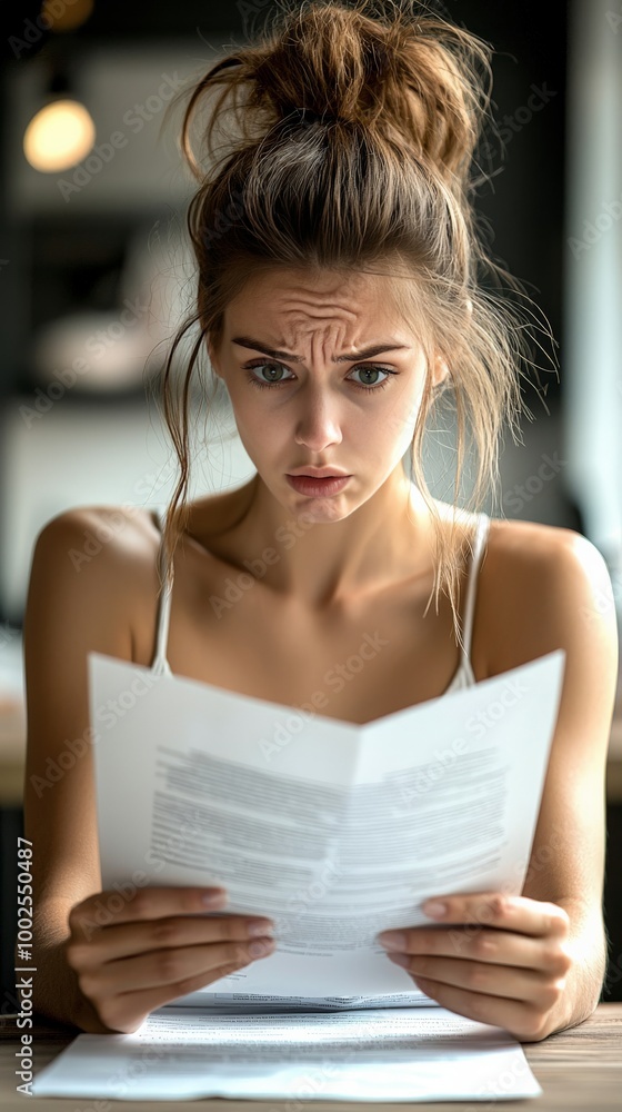 A businesswoman staring at a document with a furrowed brow, clearly worried about the outcome A businesswoman staring at a document with a furrowed brow, clearly worried about the outcome