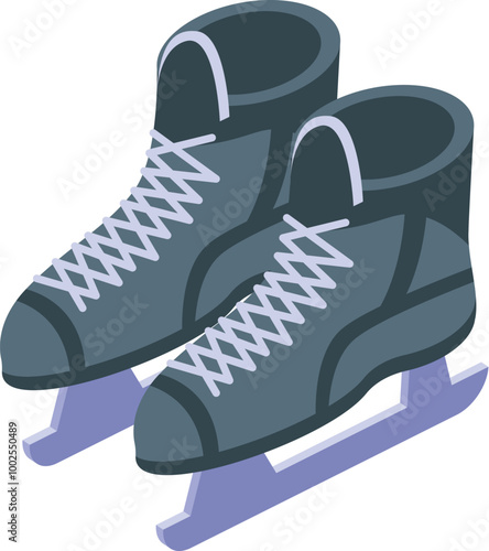 Pair of ice skates standing upright on ice blades, isometric view of winter sport equipment