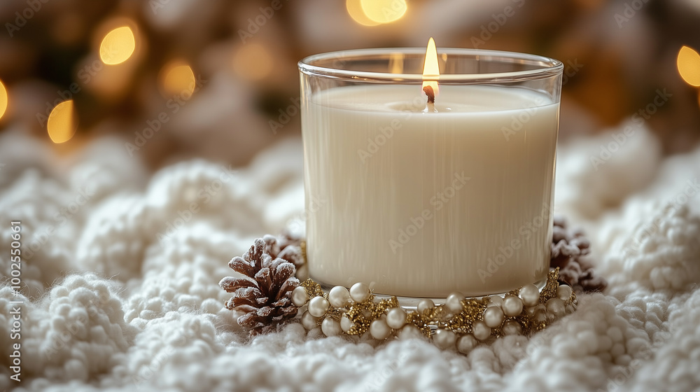 A Warm Candle Flickers on a Soft Knitted Blanket Surrounded by Festive Decorations A Warm Candle Flickers on a Soft Knitted Blanket Surrounded by Festive Decorations