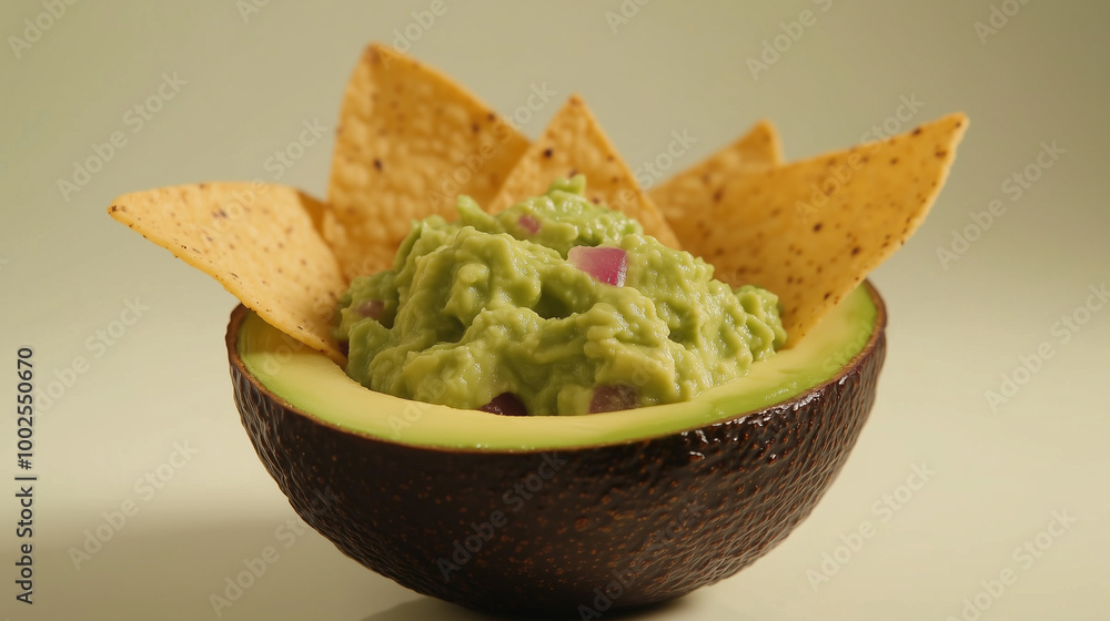 Freshly made guacamole served in avocado shell with tortilla chips Freshly made guacamole served in avocado shell with tortilla chips