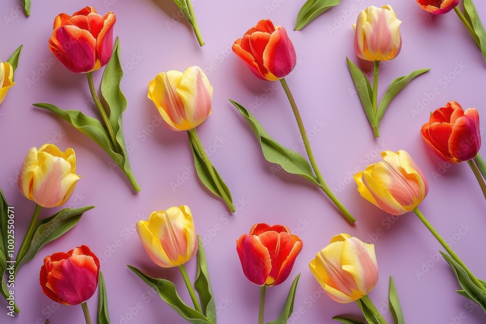 Fototapeta premium Red and Yellow Tulips on Purple Background: Colorful Floral Pattern for Spring Decor and Vibrant Design