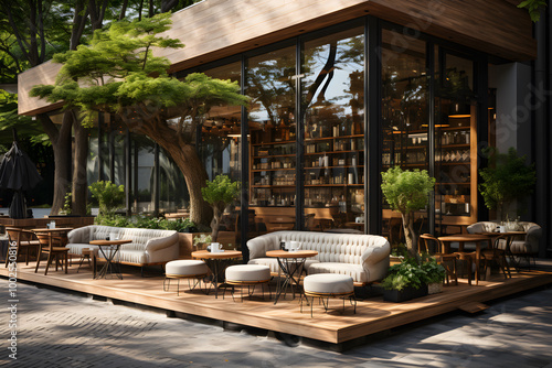 beautifull designed cafe with a mix of indoors and outdoors seating, wooden elements and glass accents, enjoy coffee and a serene, nature-inspired atmosphere.