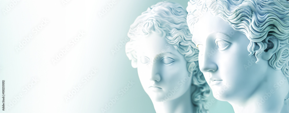 Two marble femine busts with calm expressions on light blue background, symbolizing timeless beauty and elegance. Concept of classical art, sculptural workshops, and tombstone design. Copy space Two marble femine busts with calm expressions on light blue background, symbolizing timeless beauty and elegance. Concept of classical art, sculptural workshops, and tombstone design. Copy space