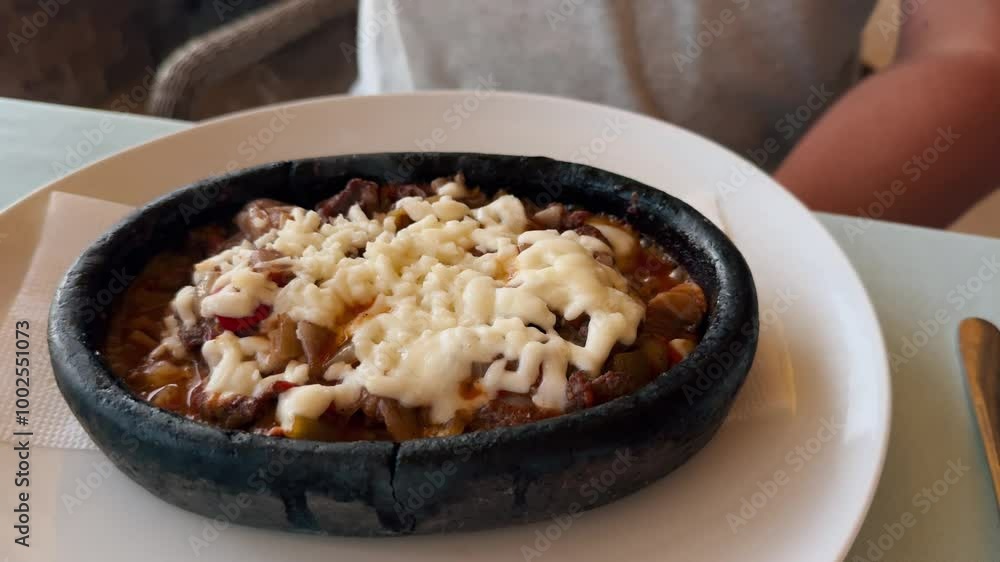 Sizzling hot dish served in a traditional clay pot with melted cheese and savory ingredients Sizzling hot dish served in a traditional clay pot with melted cheese and savory ingredients