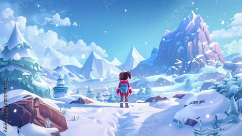Girl Scout Dressed In Winter Gear Standing Amidst Snow-Covered Trees And Rolling Snowfields Bright Colors And Simple Details Create A Cheerful And Adventurous Cartoon Illustration