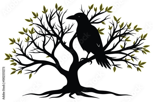 Crow in tree part white background A.eps